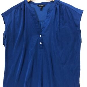 Banana Republic Blue Cap Sleeve V Neck Button Front Pleated Top Size M‎